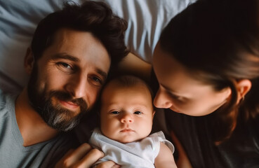 Newborn girl with father and mother on bed, Family concept, Parenthood concept.