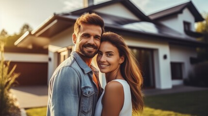 Fototapeta premium Happy couple stands smiling in the driveway of a large house.