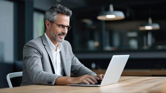 Happy middle aged businessman ceo wearing suit sitting at desk in office using laptop for working.