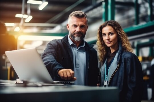 Portrait of an industrial man and woman engineer working in a factory.