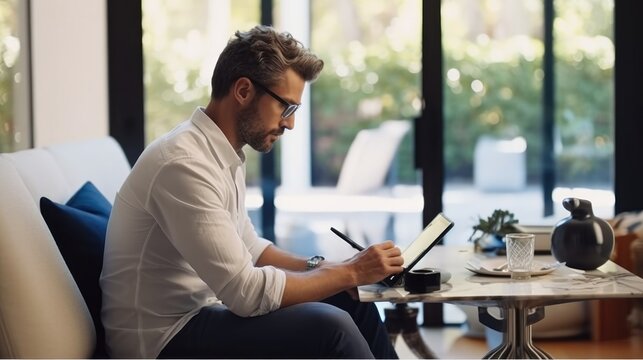 Businessman using his digital tablet while sitting on a sofa in the office.