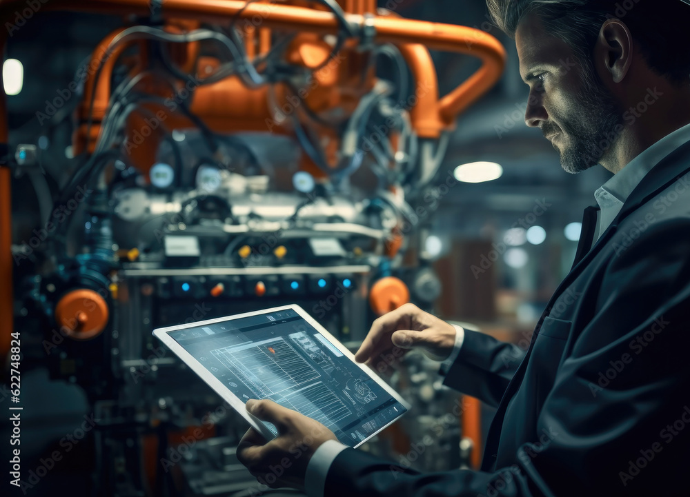 Fototapete Robotic Process Automation engineer using laptop for smart factory automation software, Technology, Software and safety control.
