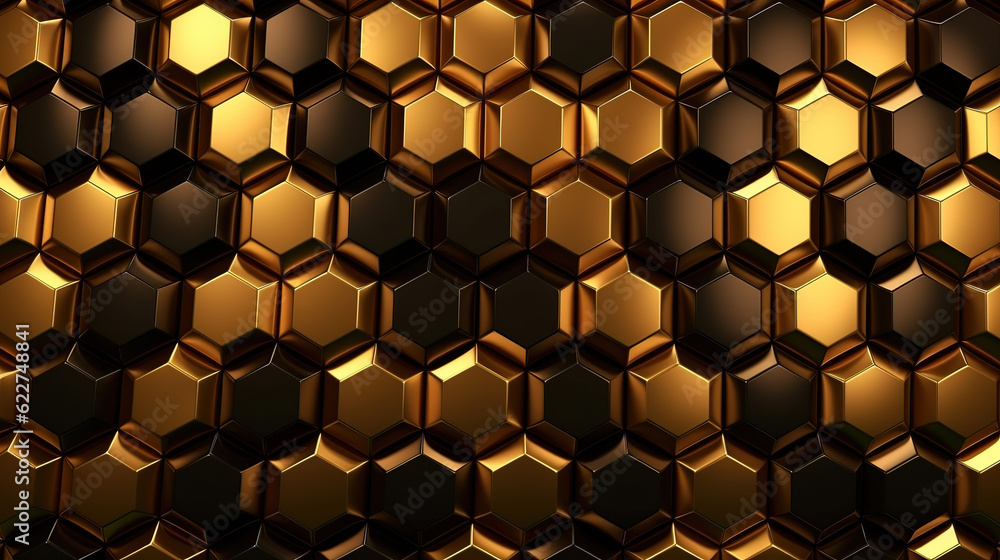 Poster marble hexagon seamless texture with golden leaves. abstract background. generative ai