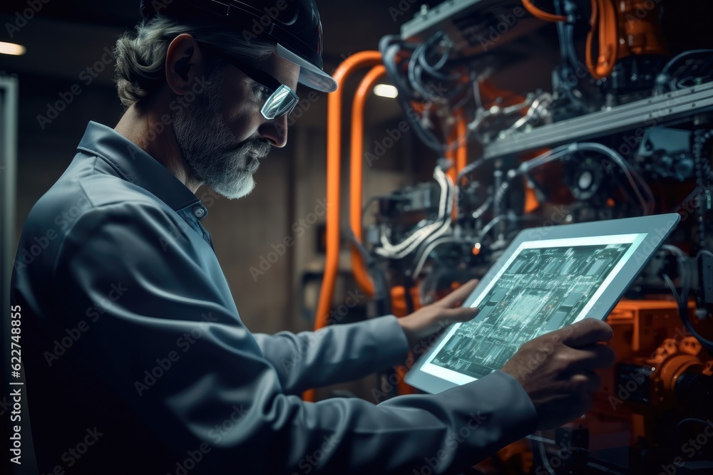 Aufkleber Robotic Process Automation engineer using laptop for smart factory automation software, Technology, Software and safety control.