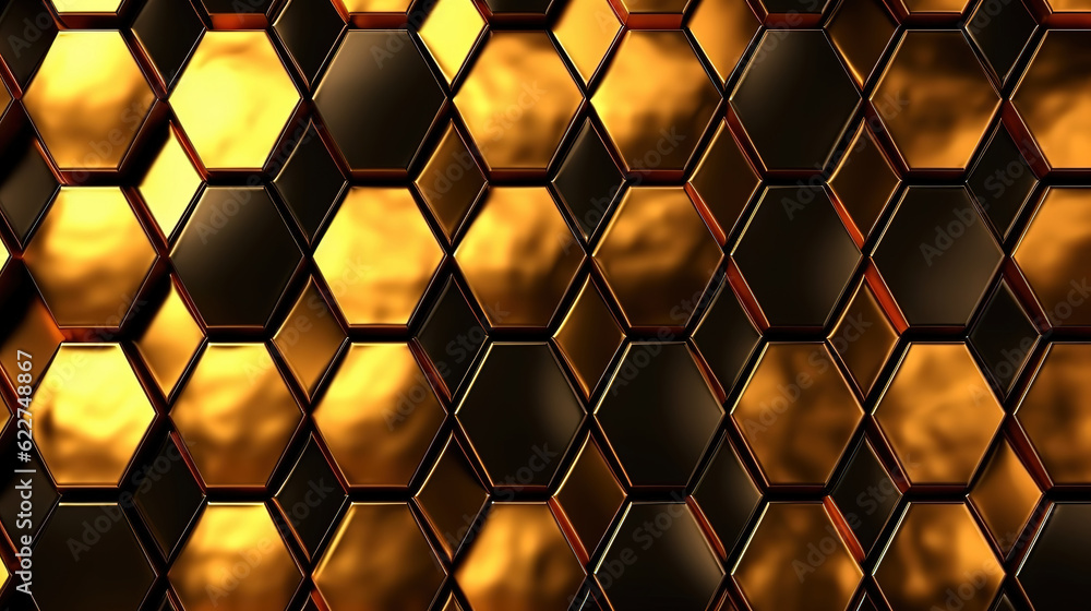Poster seamless golden hexagon honeycomb pattern. generative ai