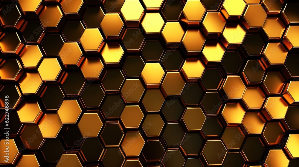 Poster marble hexagon seamless texture with golden leaves. abstract background. generative ai