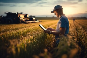 Business farmer use technology to monitoring in farm using technology of big data, climate condition, Smart and new technology for agriculture business concept.