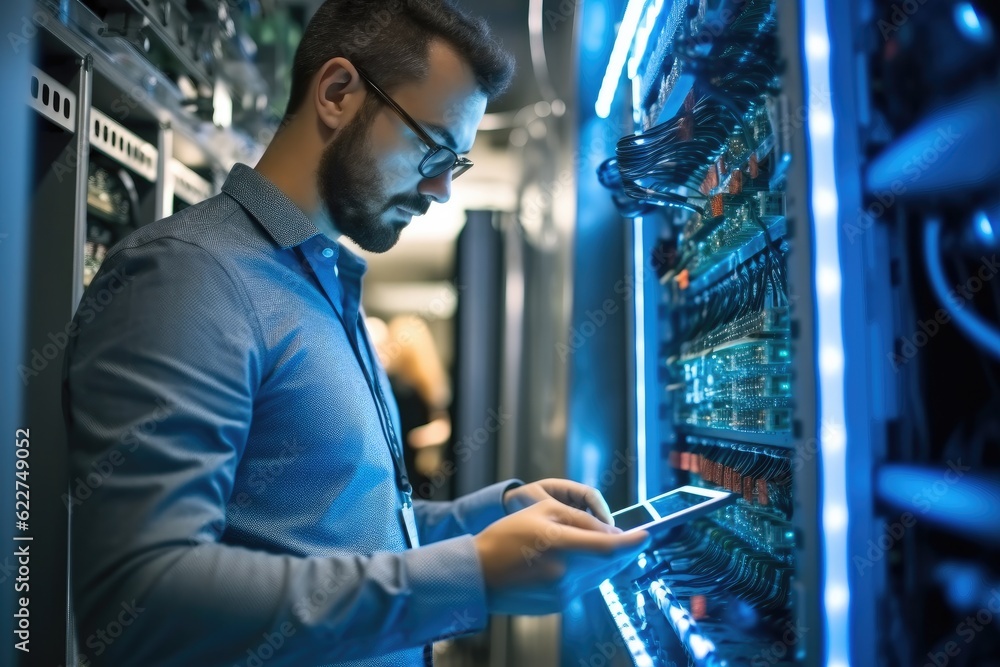 Aufkleber data center engineer, young man holding digital tablet standing by supercomputer server cabinets in 