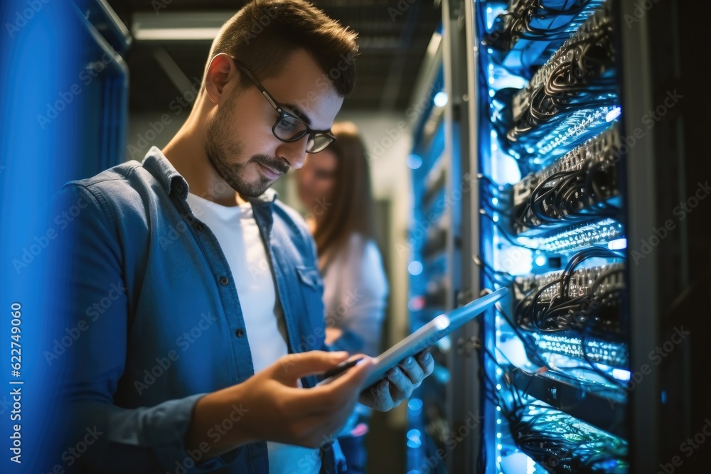 Poster data center engineer, young man holding digital tablet standing by supercomputer server cabinets in 