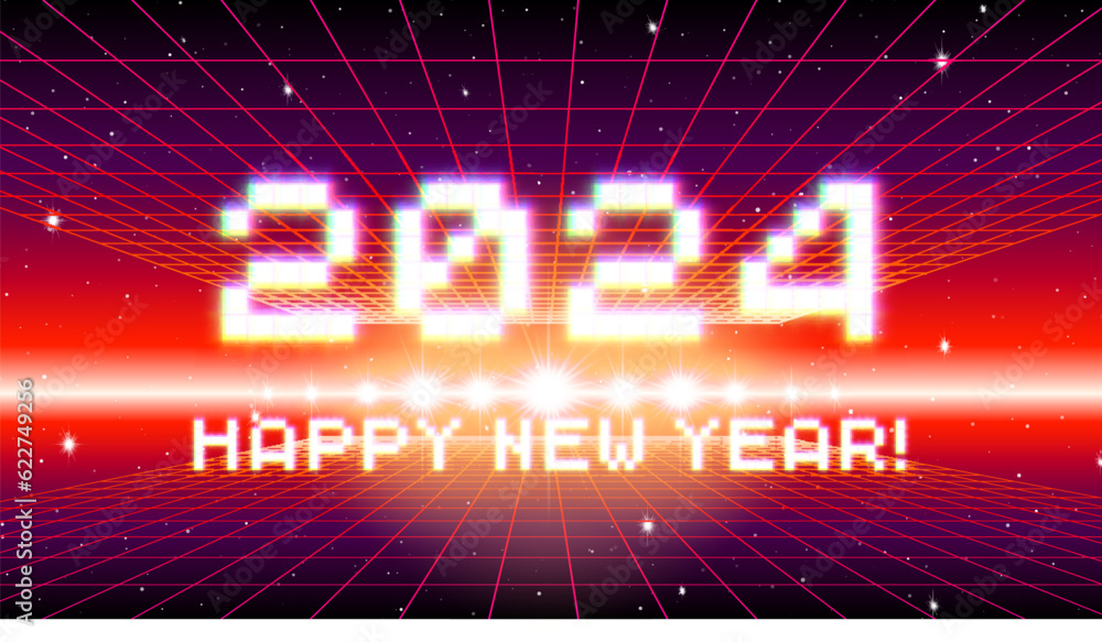 Aufkleber 2024 new year sign with glitched glowing pixels and red retro grid. winter holiday and year change s