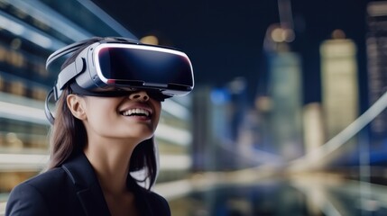 Smiling businesswoman using virtual reality glasses, Technology concept.