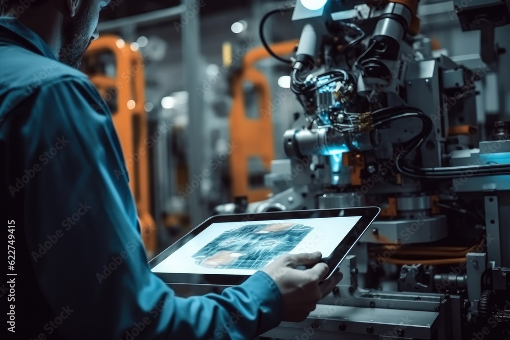 Poster Technician worker using tablet controlling robot in factory, Checking and repair automatic robot.