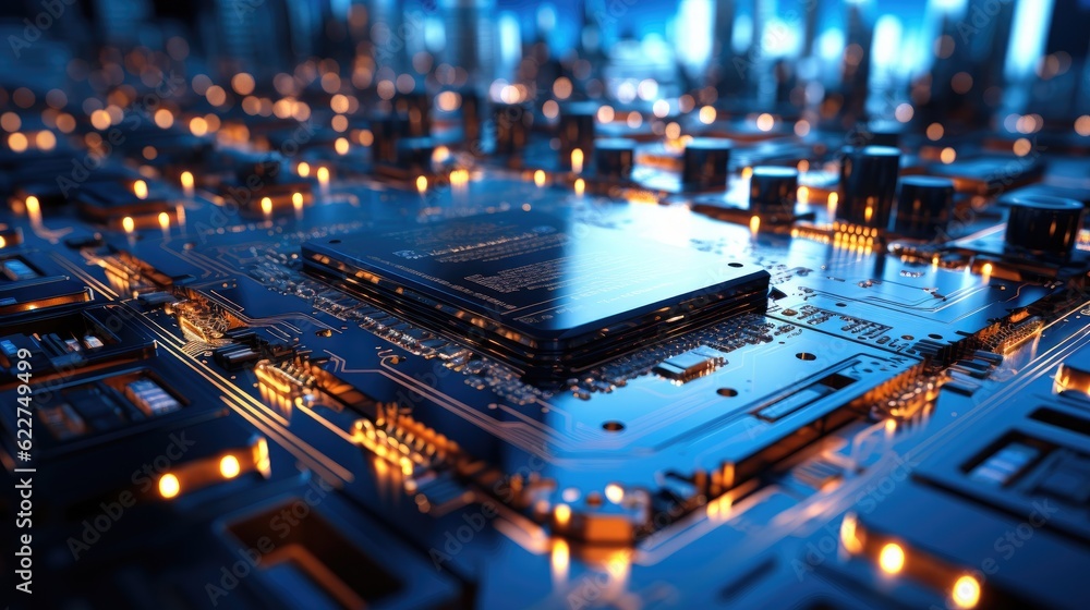 Poster integrated communication processor, central computer processors cpu concept, motherboard digital chi