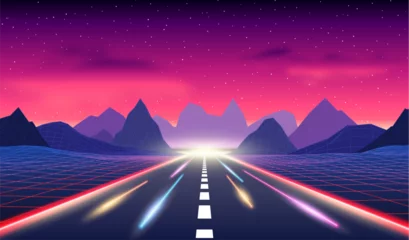 Foto auf Acrylglas Kürzen Neon road in the mountains in synthwave style. 80s styled highway to horizon, purple and blue retro arcade scene.