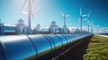 Hydrogen pipeline with wind turbines, Transformation, Solar, Power plant and energy sources balance to replace natural gas.