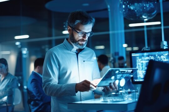 Chief Engineer Stands in Middle of the Lab and Uses Tablet Computer in Technology Research Facility, Developers Work on Engine Design Use Digital Whiteboard and Computer.