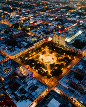 Aerial view of Plaza Principal (Grand Plaza) the main square in front of San Ildefonso Cathedral in Merida, Yucatan, Mexico.