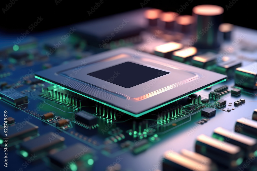 Poster computer details close up, view of a modern gpu card with circuit.