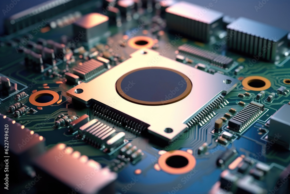 Poster computer details close up, view of a modern gpu card with circuit.