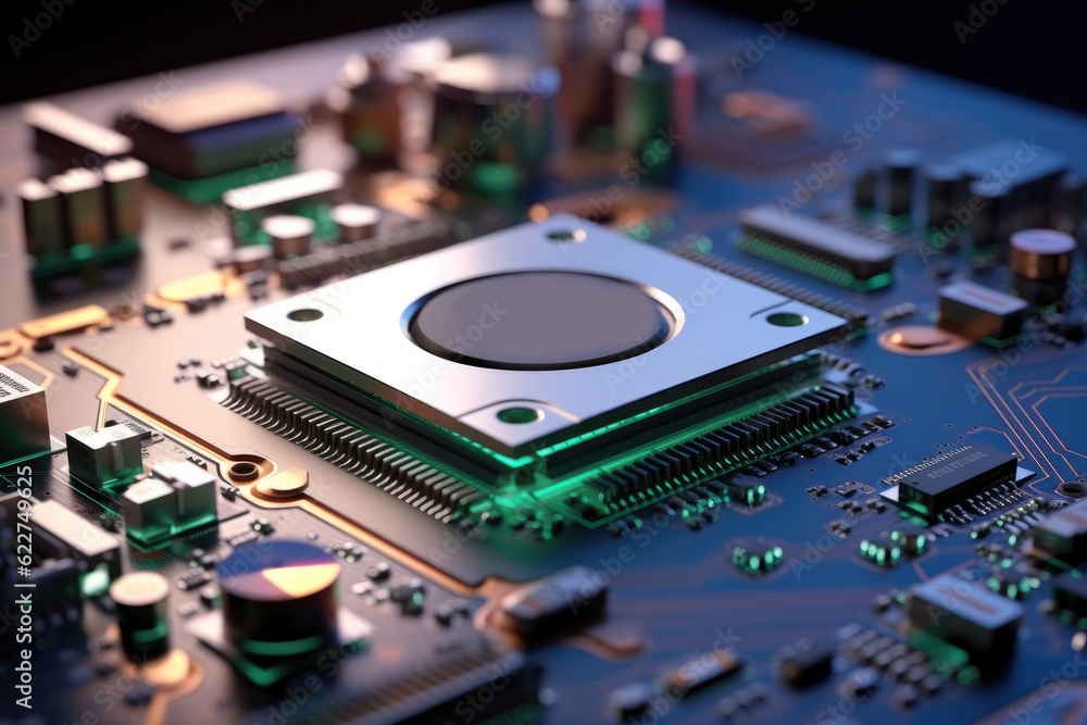 Poster computer details close up, view of a modern gpu card with circuit.