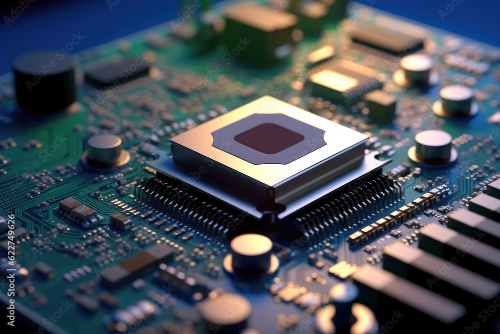 Poster computer details close up, view of a modern gpu card with circuit.