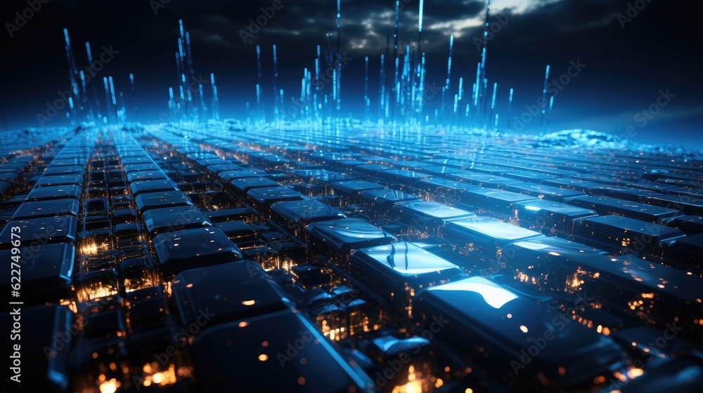 Poster cyber big data flow, blockchain data fields, network, concept of ai technology, digital communicatio