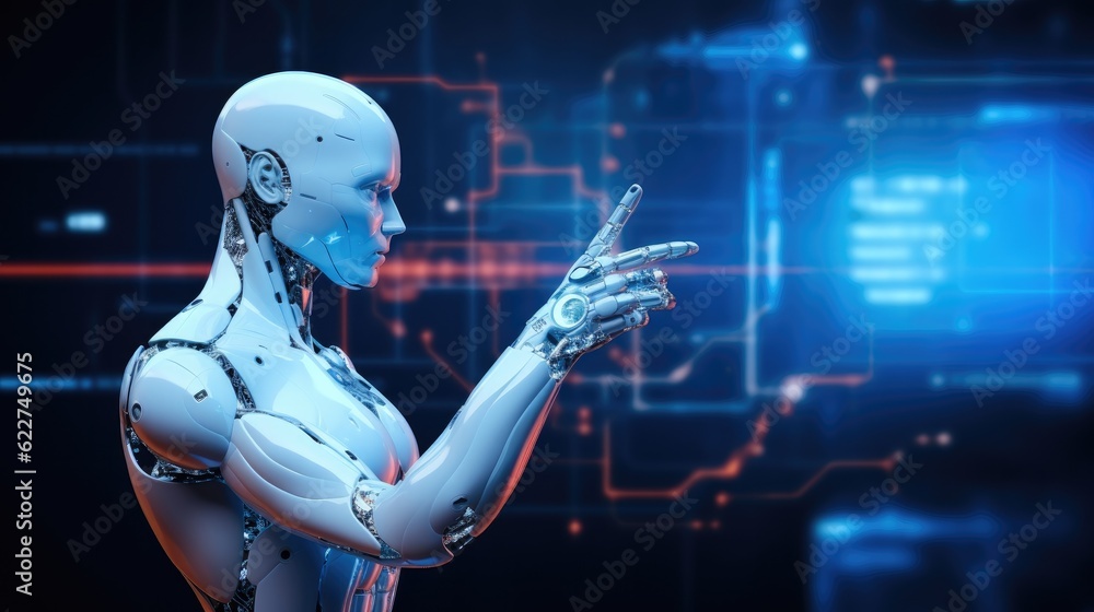 Leinwandbilder cyber digital world android robot pointing finger, technology artificial intelligence automated, dig