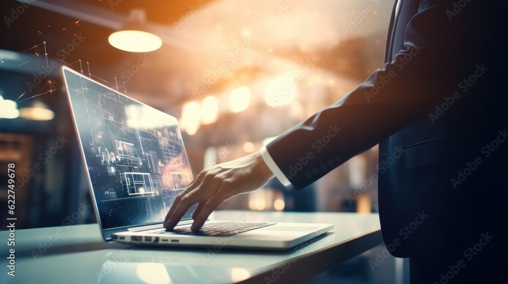 Aufkleber Businessman using tablet and analysis sale data graph growth on modern interface icons on strategy, Digital online marketing.