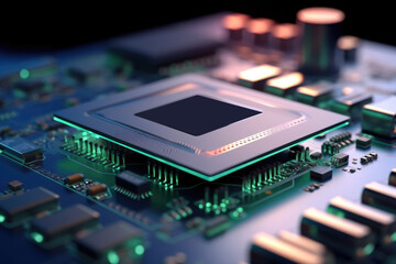 Computer details close up, View of a modern GPU card with circuit.