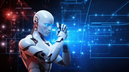 Fototapeta premium Cyber digital world android robot pointing finger, Technology artificial intelligence automated, Digital world technology.