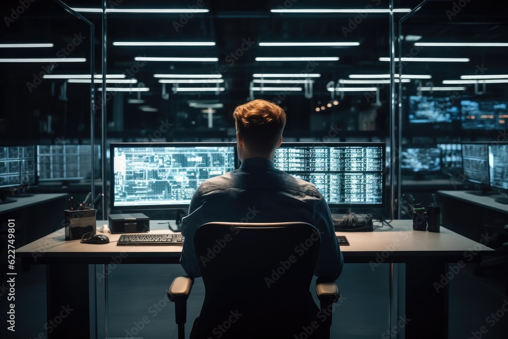 Leinwandbilder technician man monitoring program from a lot of monitor, multiple screens showing technical data, in