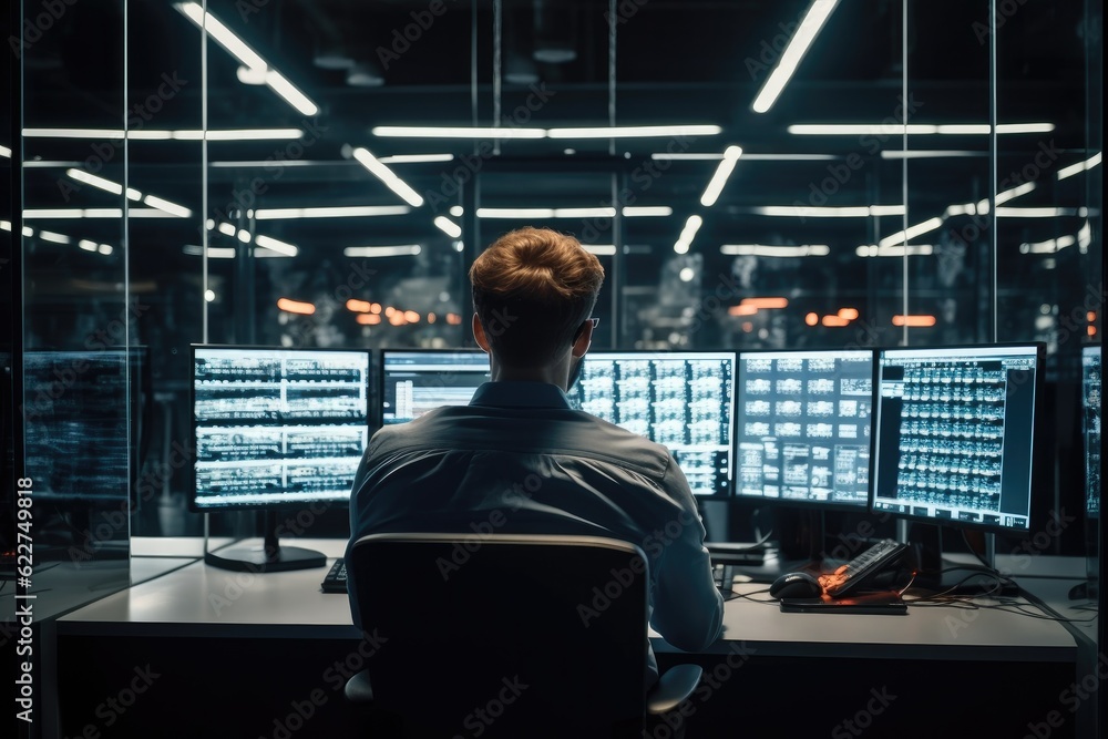 Leinwandbilder Technician man monitoring program from a lot of monitor, Multiple Screens Showing Technical Data, In the Background Data Center with Server Racks.