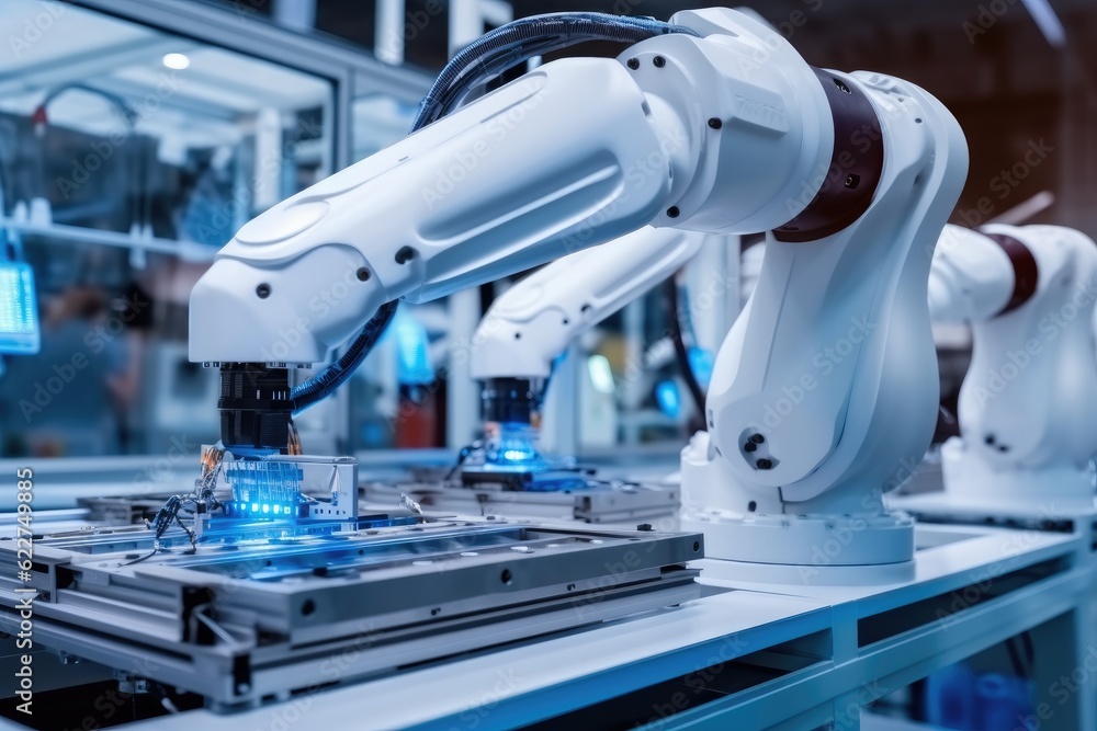 Poster the robot for smart technology manufacturing process, robotic arm catch for electronic assembly line