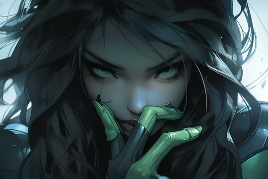 Dark green-skinned alien female warrior in the style of realistic sci fi hyper-detail. digital animation style illustration. generative AI