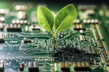 Growing tree on the converging point of computer circuit board, Green Technology, Green IT, Environment technology.
