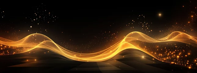 Foto op Plexiglas Fractale golven Luxury golden wave of lights and sparkle, elegant fluid data transfer technology, bokeh gold swirl on black background. Card for luxury greetings, business, technology. Generative Ai.