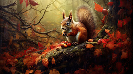 red squirrel in the autumn forest eating nuts. 