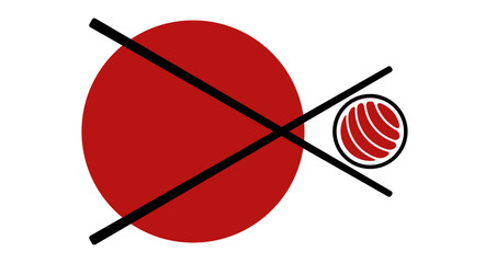 Sushi emblem. Japanese flag, chopsticks. Chopsticks and sushi roll. Flat vector illustration isolated on white background.