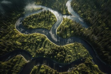 winding river in the forest,  Wild Forest River from an Above Perspective, Inspired by Native American, First Nations, and Alaska Native Art, Amidst Norwegian Nature Green Majesty
