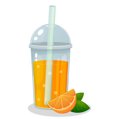 Orange juice in a plastic cup, summer drink, fresh juice, smoothie, fruit cocktail, cartoon style, realism