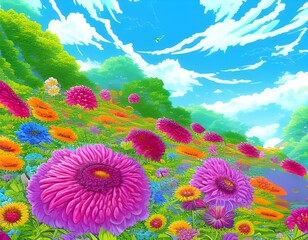 Fototapeta na wymiar Beautiful flowers over the hill in summer. Illustration AI generated.