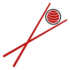 Sushi emblem. Japanese flag, chopsticks. Chopsticks and sushi roll. Flat vector illustration isolated on white background.