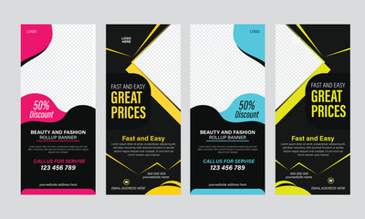 Rollup banner design with shapes minimalistic of different styles for company promotion