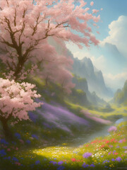 Whimsical spring valley. AI generated illustration