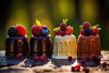 Assorted different mini cakes with cream, chocolate and berries - obrazy, fototapety, plakaty
