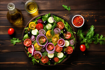 Vibrant top-down shot of a healthy, fresh salad on a rustic wooden table, perfect for showcasing recipes and healthy diets