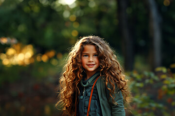 Kleines Süßes Mädchen Gesicht mit Lockenim Garten, ai generativ