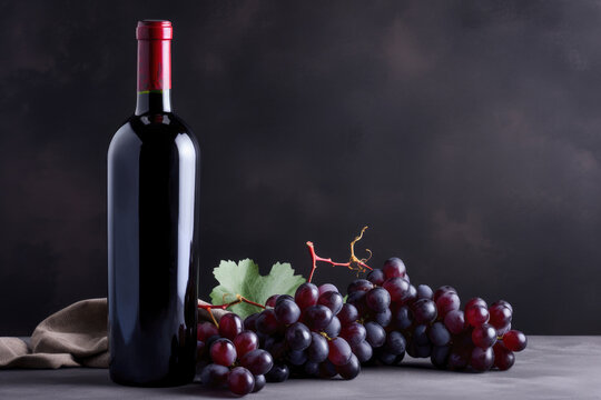 Red wine bottle with grapes on dark background. Generative AI.