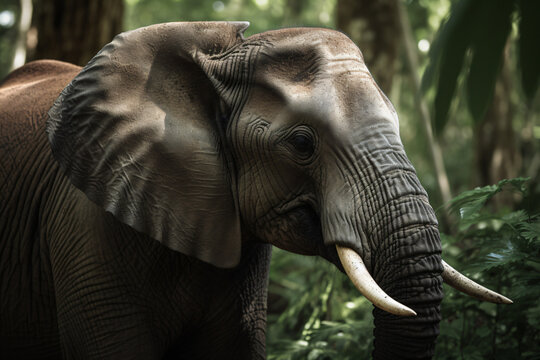 photo of an elephants face against a green forest