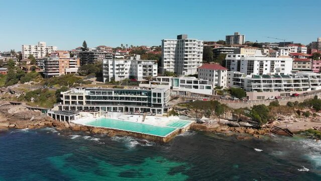 Amazing aerial view of Bondi Beach landscape in Sydney, Australia. Drone viewpoint on a sunny morning